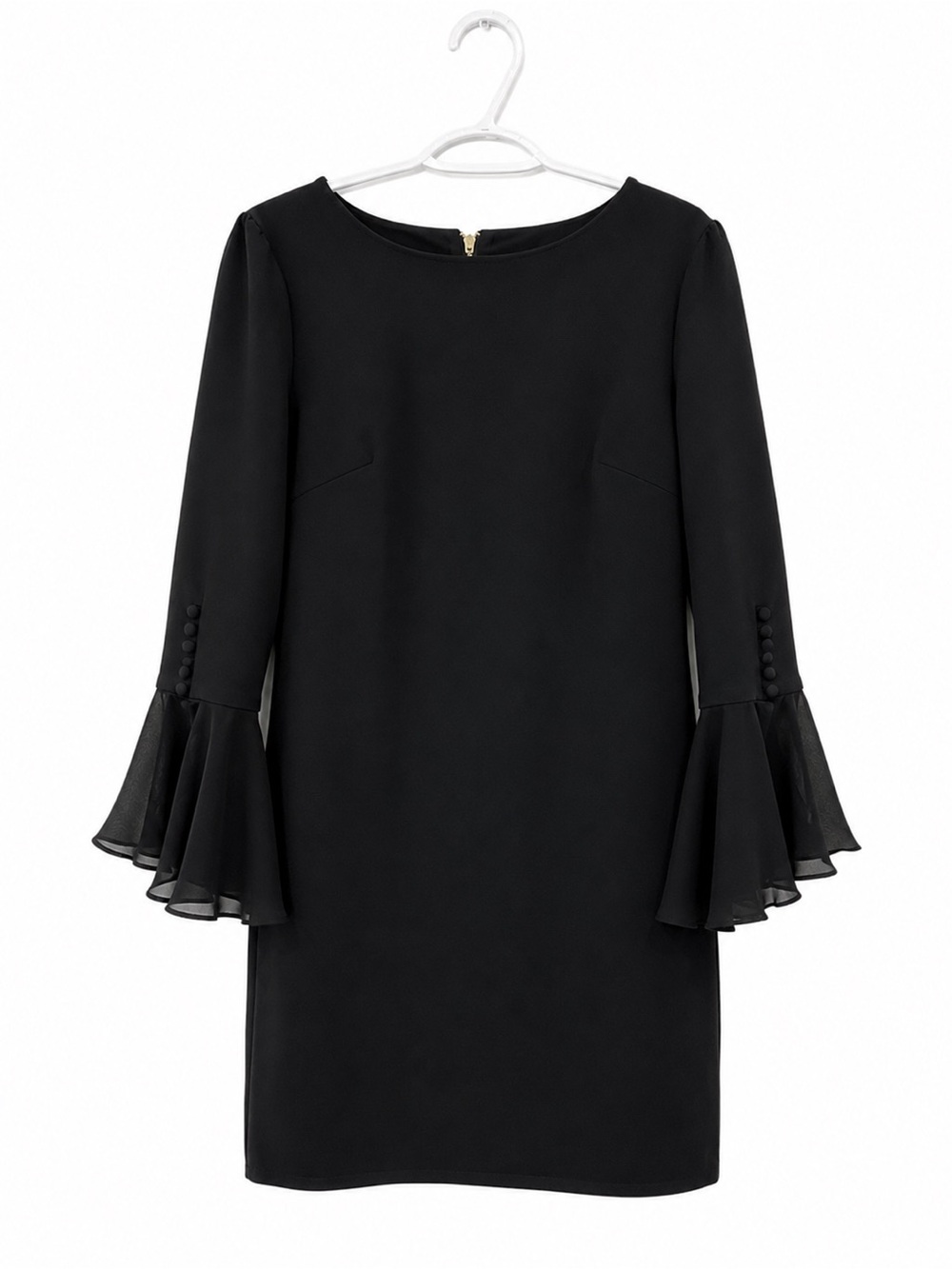 Calvin Klein Black Long Sleeve Shift Dress Layered Bell Cuffs NWT Classic LBD - Picture 2 of 6